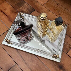 Vintage Avon Mirror and Glass Vanity Tray Gold Brass 8x11"